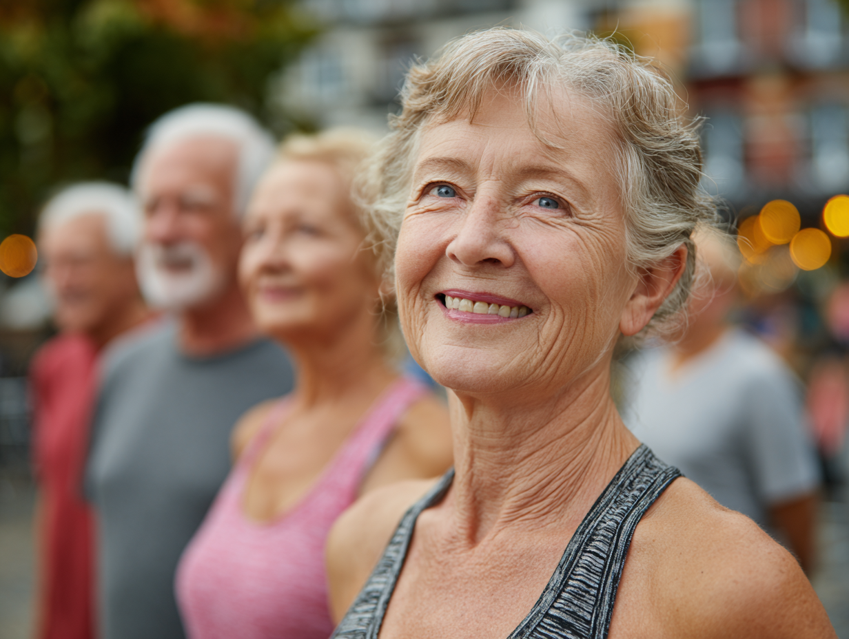 Grup de seniori practicând exerciții de fitness în natură
