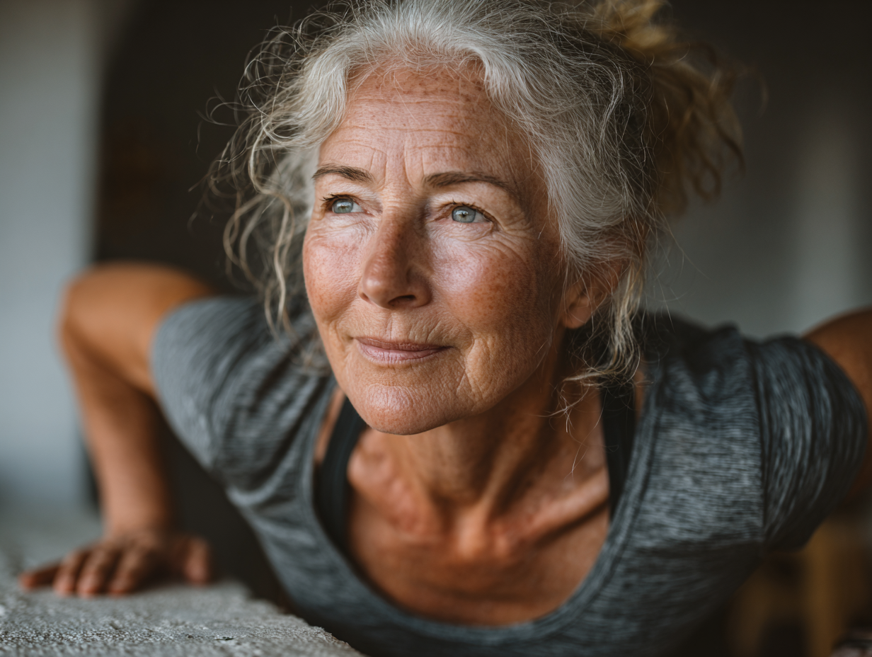 Femeie în vârstă practicând yoga pe o terasă cu priveliște frumoasă